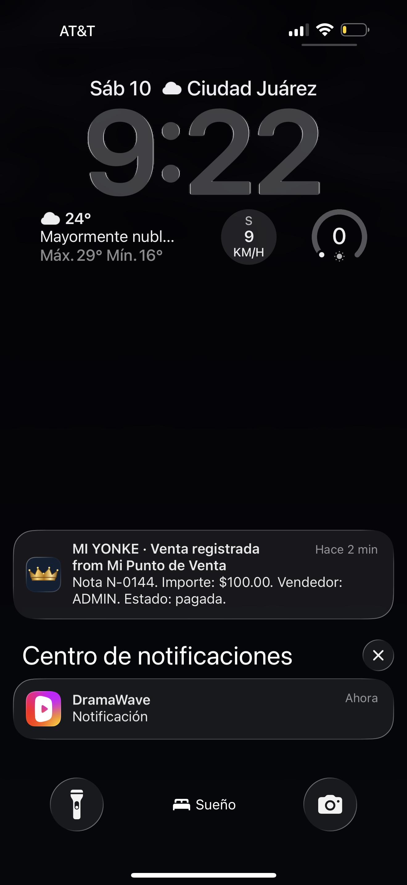 Notificación real de MI YONKE: venta registrada, nota N-0144, importe $100.00, vendedor ADMIN, estado pagada
