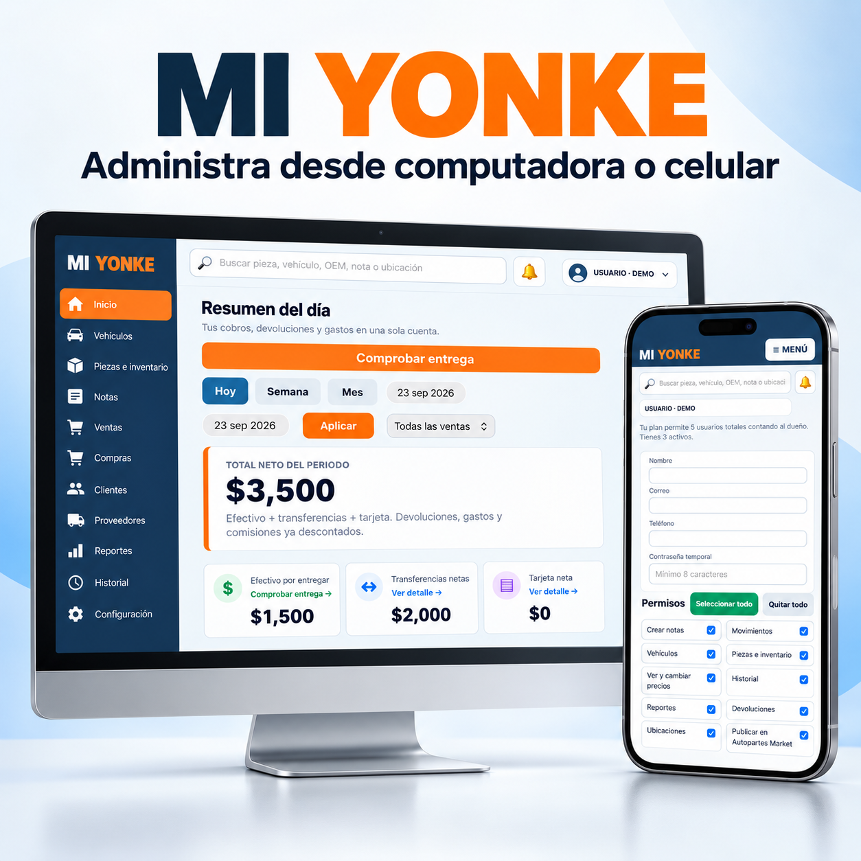 MI YONKE en computadora y celular: resumen del día, cobros y permisos de vendedores